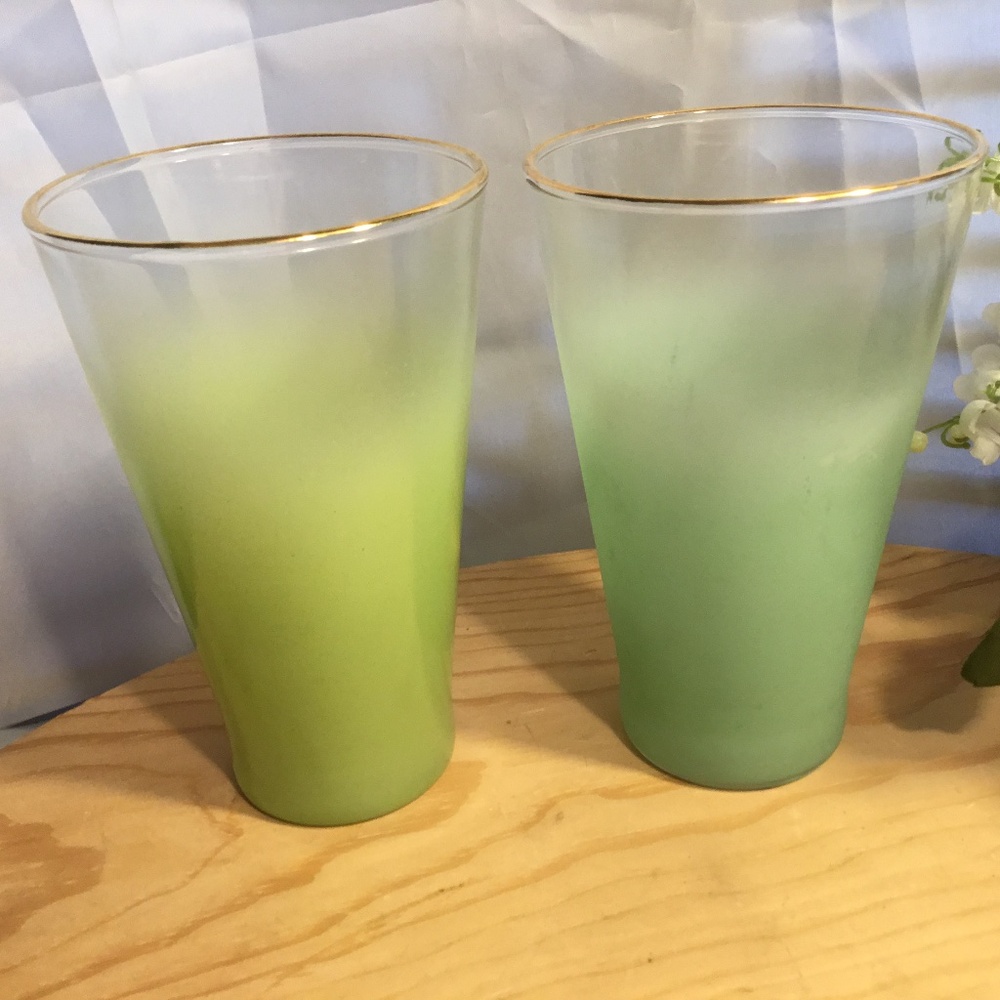 MCM Blendo Glass Tumbler FROSTED Mint Green with Gold Rim ~ Set of 2